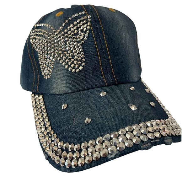 BUTTERFLY RHINESTONE DENIM BASEBALL CAP - Picture 1 of 4